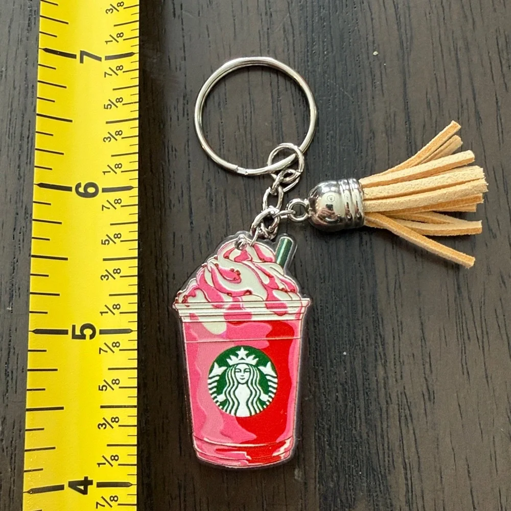 Starbucks inspired Pink Red and White Frappuccino Keychain with red tassle